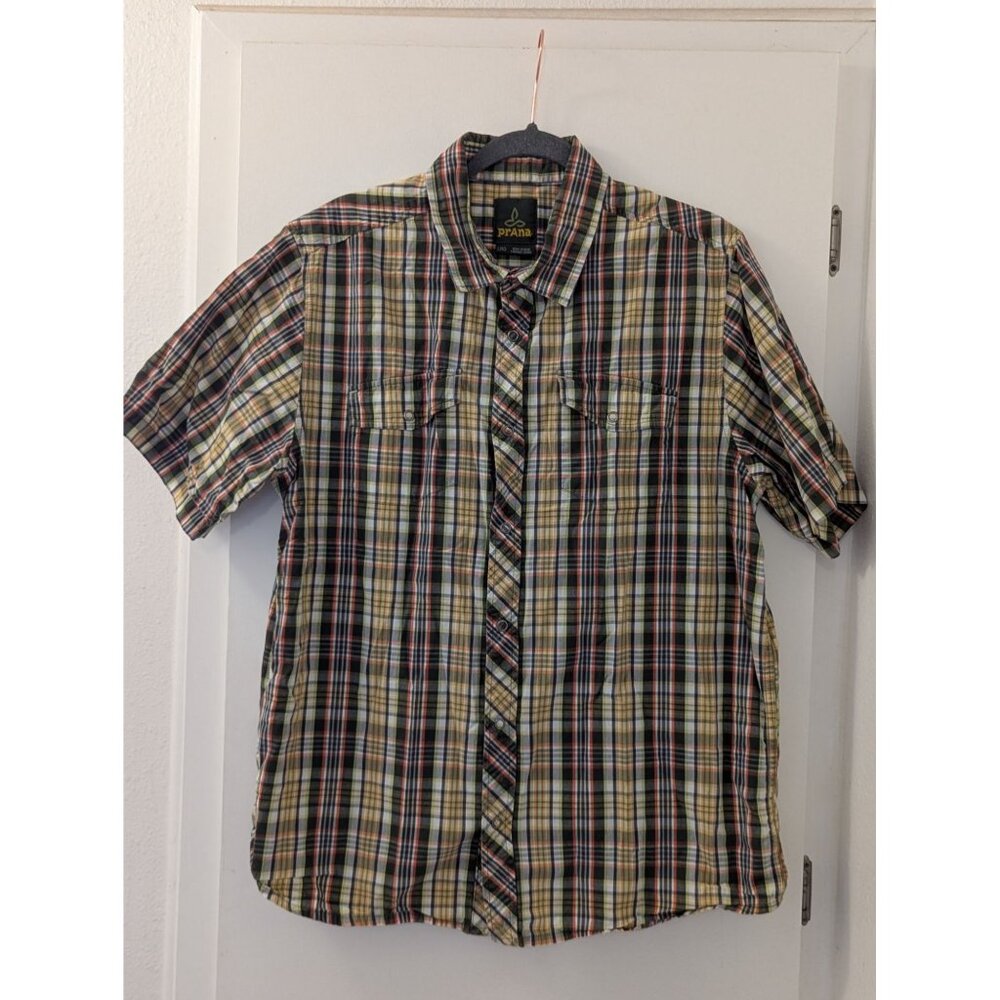 Prana Mens Large Plaid Short Sleeve Button-Down Shirt In Yellow & Green
